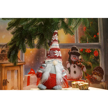 Фигура новогодняя CQQ025B интерьерная Гном с усами 32см, сидит