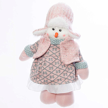 Фигура новогодняя интерьерная Н22100В Снеговик-девочка 40-60см, розовая шапка ушанка, розовая шапка, розово-серое плать с быжами, розовые с зеленой отделкой ботинки