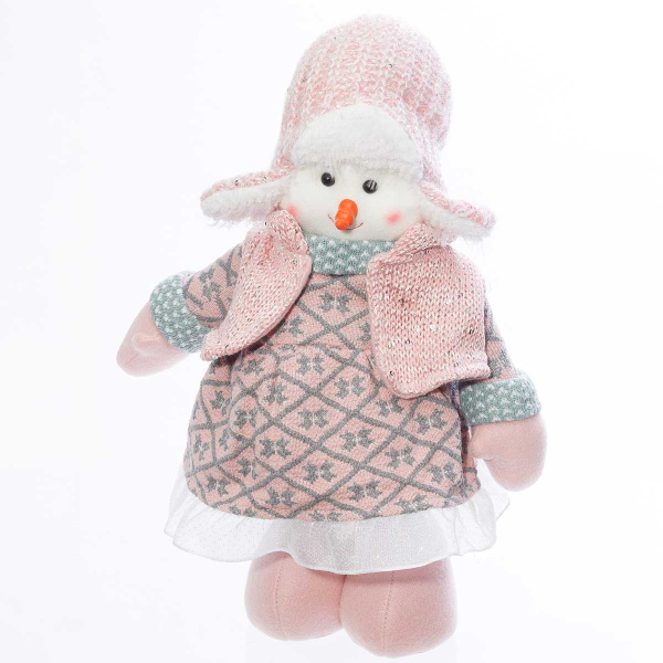 Фигура новогодняя интерьерная Н22100В Снеговик-девочка 40-60см, розовая шапка ушанка, розовая шапка, розово-серое плать с быжами, розовые с зеленой отделкой ботинки