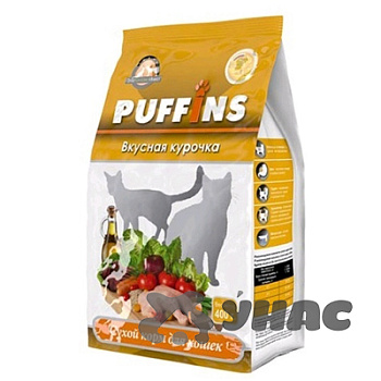 Пуффинс Корм сухой для кошек 400г Вкусная курочка x18