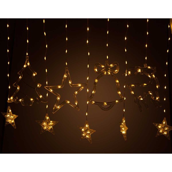 Гирлянда дождь LLN-34-1 длина 3м СВЕТ ТЕПЛЫЙ БЕЛЫЙ, 9насадок 5звед-9см, 1звезда-20см, 1колокол-20см,1елка-20см,1олень-20см. Длина вниз-60-70см (60)