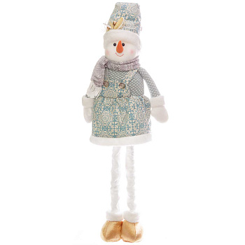 Фигура новогодняя интерьерная Н22262В Снеговик-девочка, с телескопическими ногами 55-85см. тиффани. в платье, с шарфом, в колпаке с бубенцом, в золотых ботинках