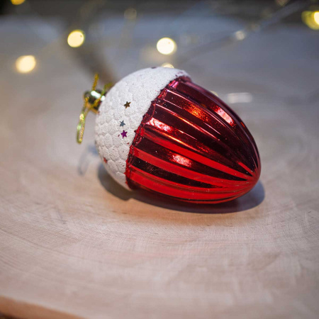 Шар 25ES04V-220 4шт 10см Шишки/Желуди красные с бел. блестками