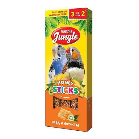 ХэппиДжангл Палочки (HONEY STICKS) для птиц МЕД И ФРУКТЫ 3шт. 90г J204