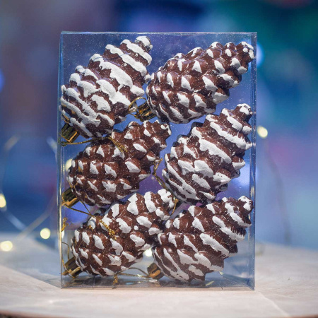 Шар WA25054 6шт 9см Шишка "шоколад с белыми блестками" (144)